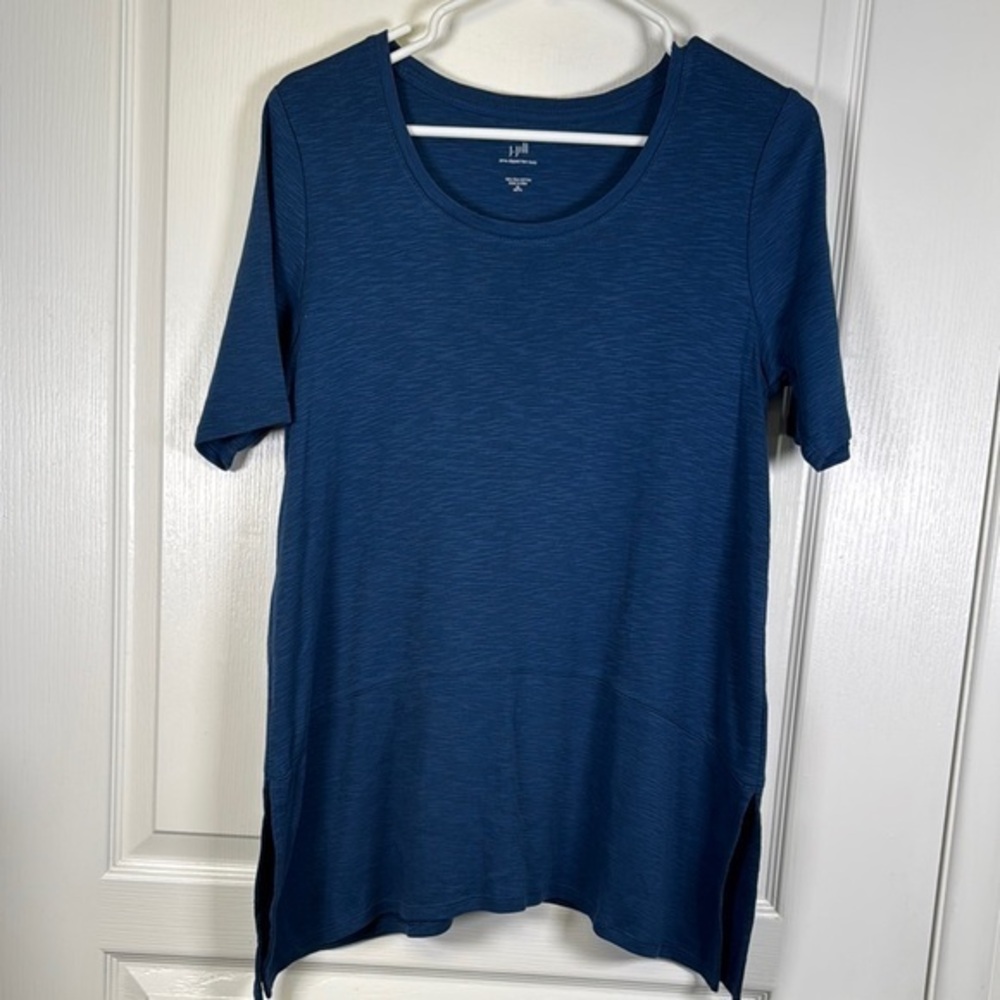 J Jill Pima Dipped Hem Fabric Tunic Blouse Size Medium Blue EUC #1578
